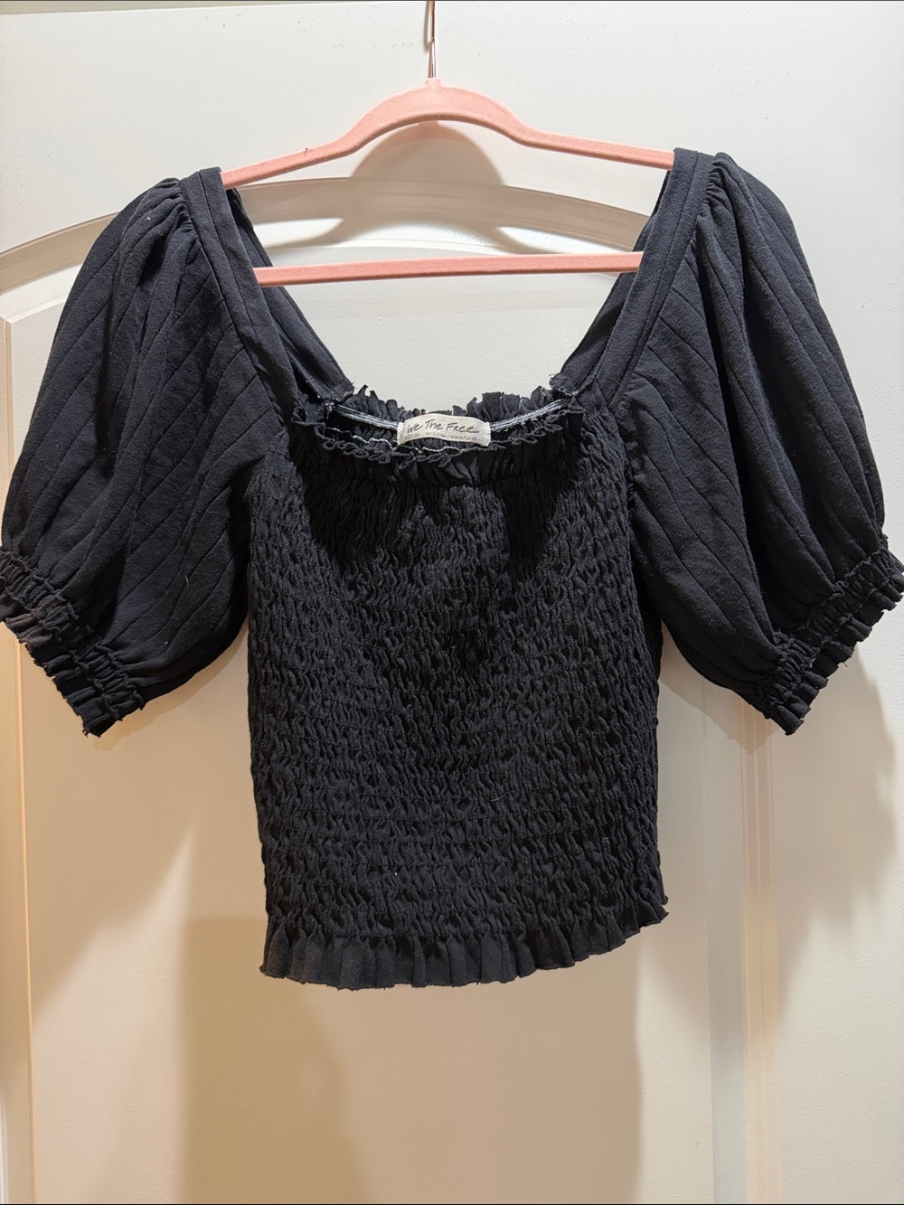 Free People Black Smocked Puff Sleeve Crop Top